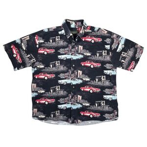 Gallop Mens Black Short Sleeve Button Up Shirt Vintage Cars Print XL Retro Punk